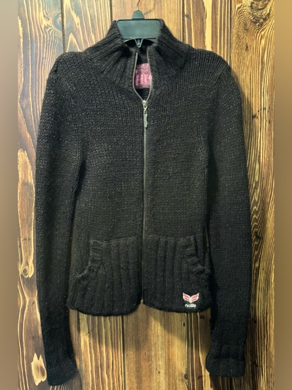 Nollie Black Zip-Up Sweater Knit Metallic Cardigan Vintage Fitted Size Medium